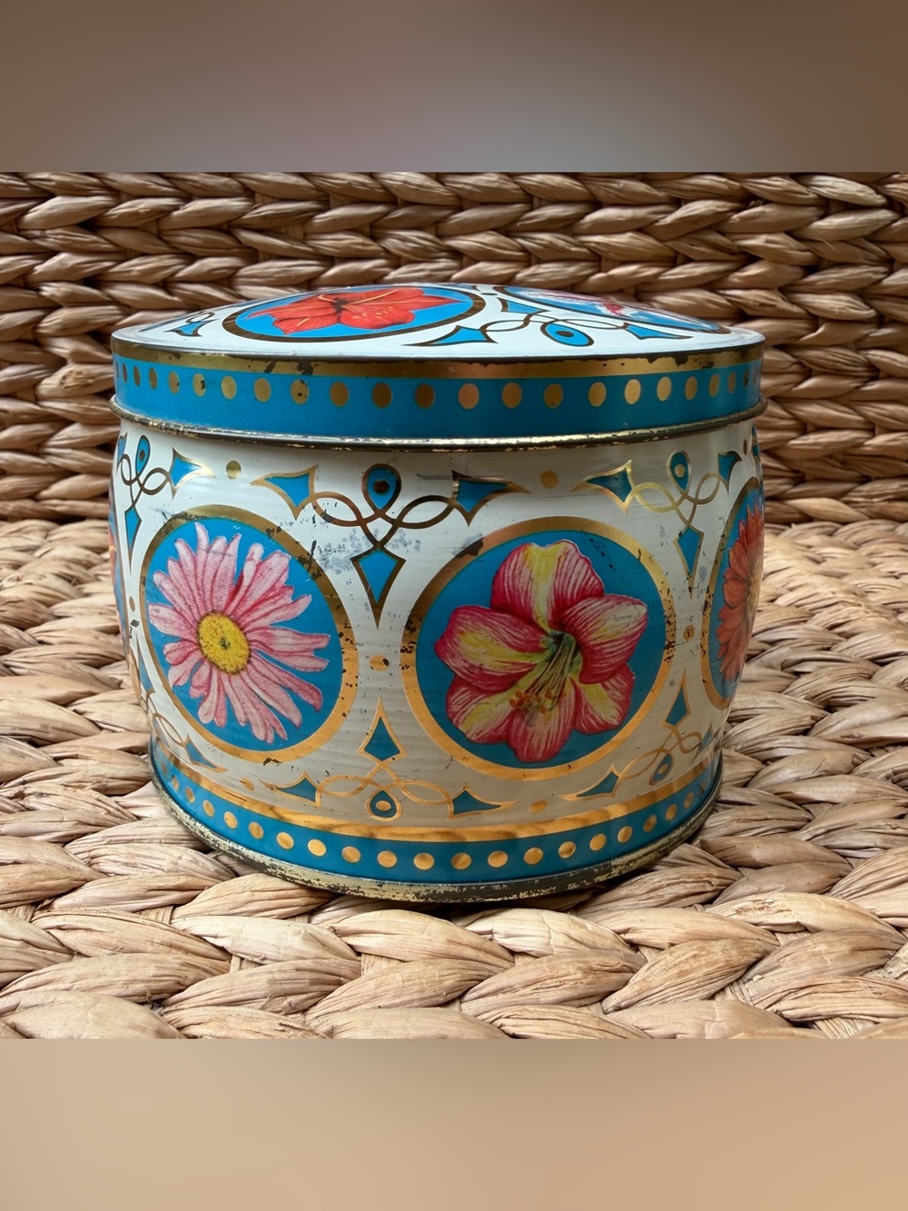 Vintage 70s Blue Gold Floral boho Canister Stash Storage Tin
